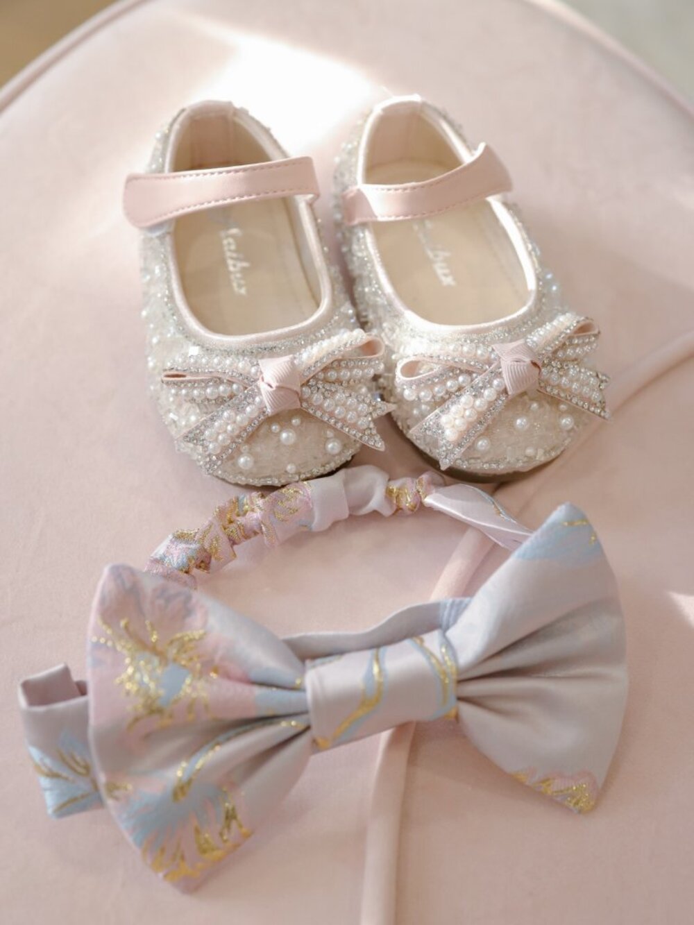 Handmade 1st Birthday Dress Set – Floral Brocade Dress, Pearl Shoes & Bow, 12M